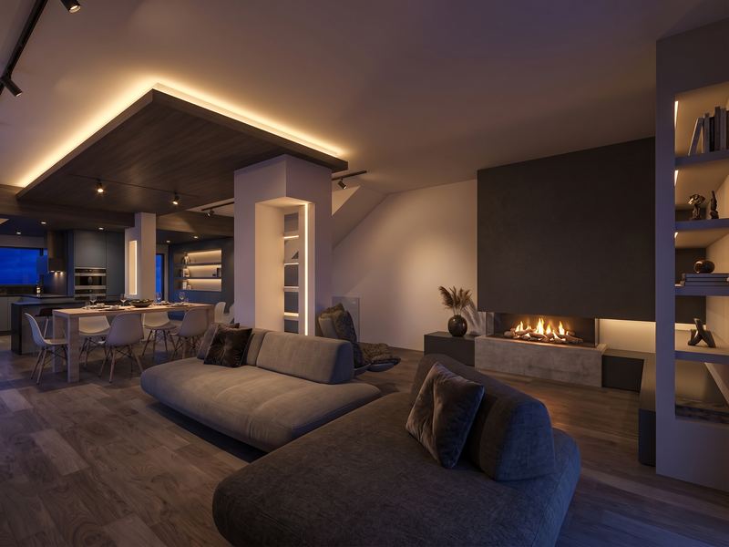 Render del soggiorno di una villa unifamiliare a Roma